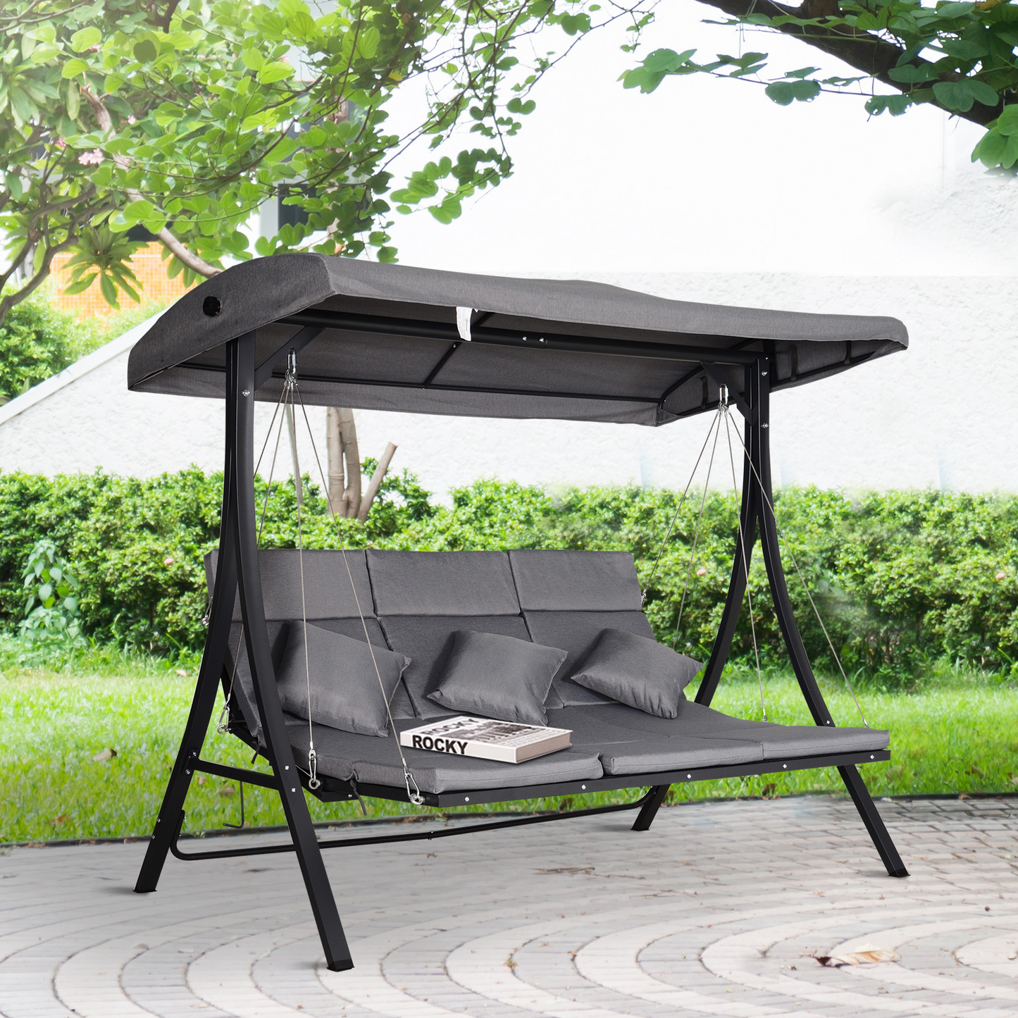 Outsunny 3 Seater Garden Swing Seat with Adjustable Canopy - Grey MyLibelula