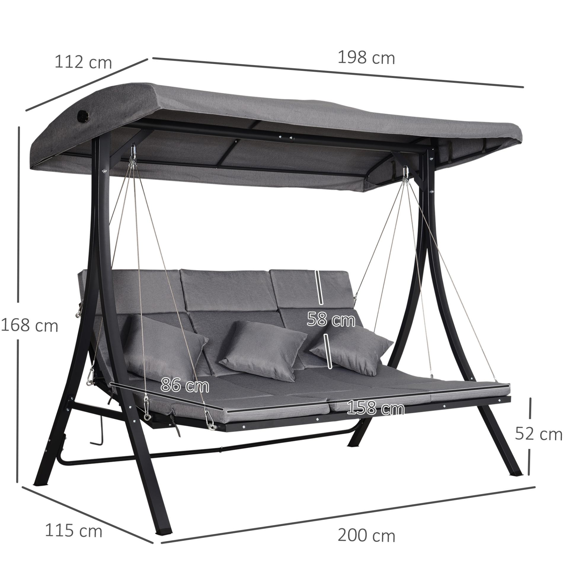 Outsunny 3 Seater Garden Swing Seat with Adjustable Canopy - Grey MyLibelula