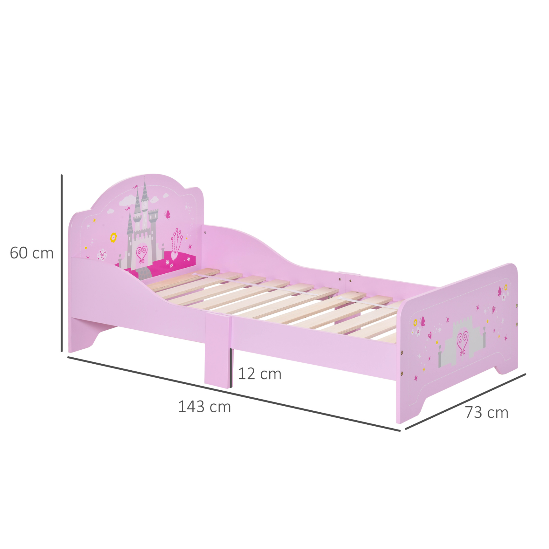 HOMCOM Kids Bed Princess Castle Theme, Safety Side Rails, Durable Design, Perfect for Ages 3-6, Pink 143x73x60 cm MyLibelula