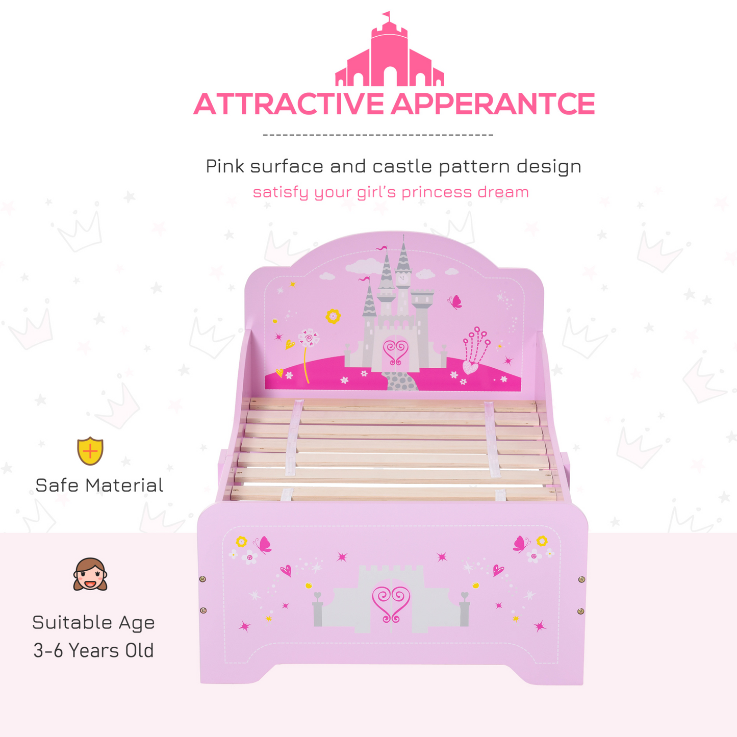 HOMCOM Kids Bed Princess Castle Theme, Safety Side Rails, Durable Design, Perfect for Ages 3-6, Pink 143x73x60 cm MyLibelula