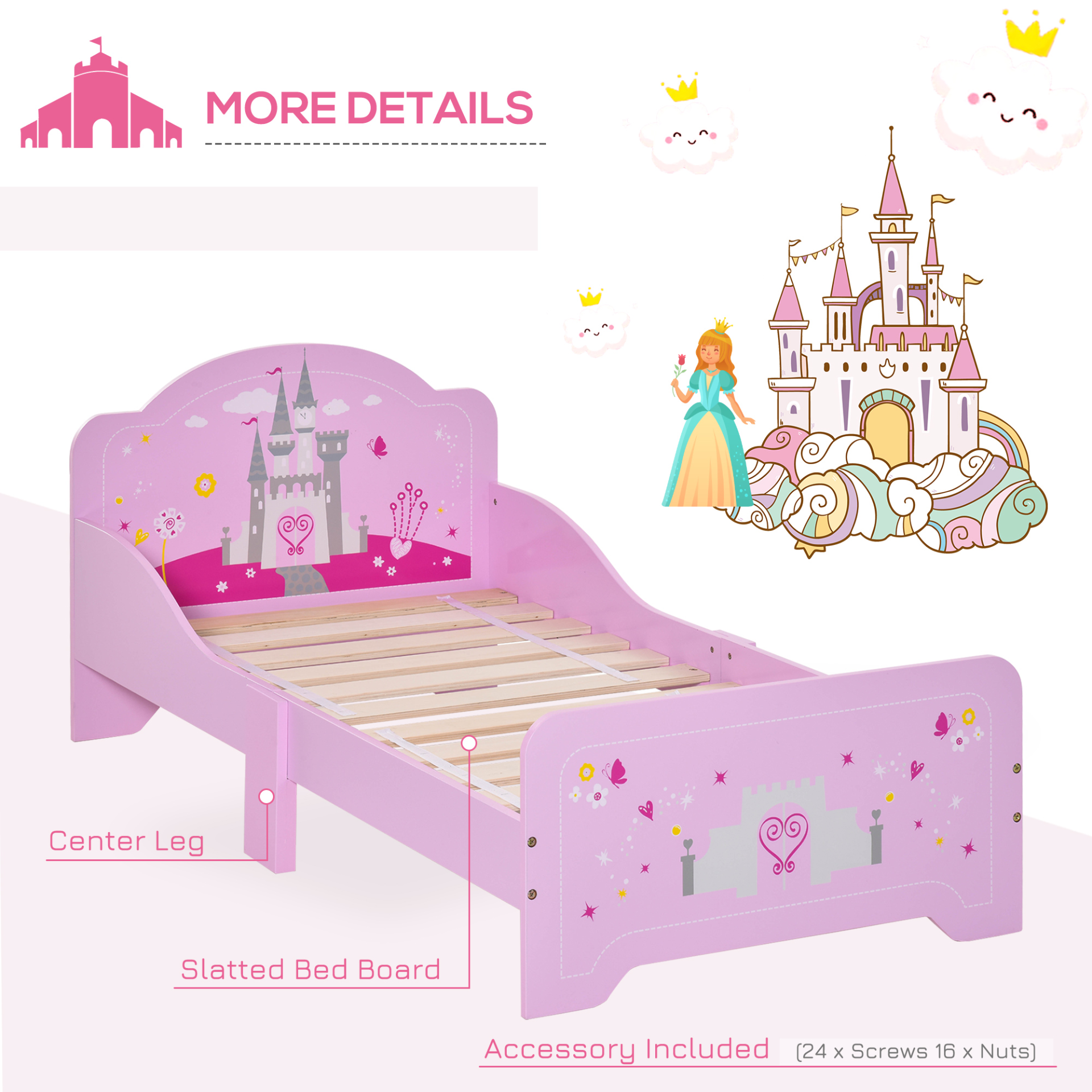 HOMCOM Kids Bed Princess Castle Theme, Safety Side Rails, Durable Design, Perfect for Ages 3-6, Pink 143x73x60 cm MyLibelula