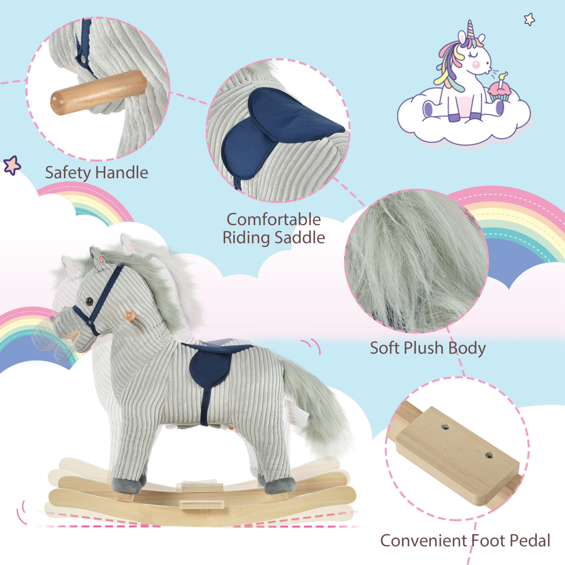 HOMCOM Kids Plush Rocking Horse with Sound | Grey Ride-On Toy for Children (36-72 Months) | Safe & Sturdy Rocker MyLibelula