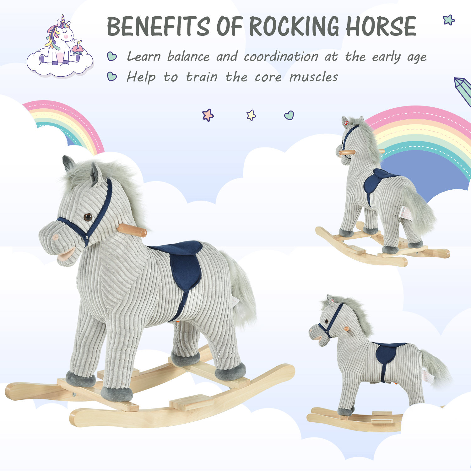 HOMCOM Kids Plush Rocking Horse with Sound | Grey Ride-On Toy for Children (36-72 Months) | Safe & Sturdy Rocker MyLibelula