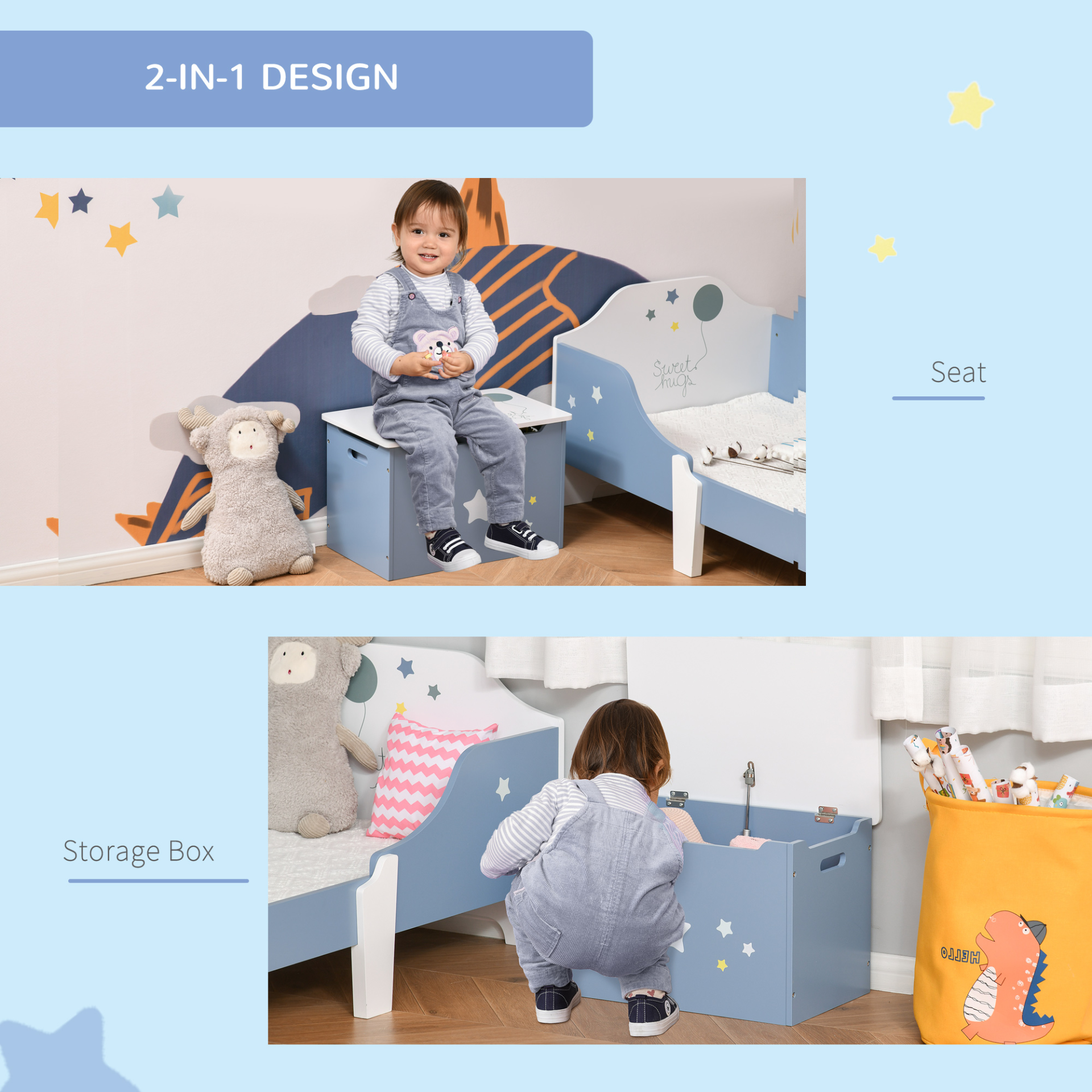 HOMCOM Kids Wooden Toy Box - Children's Storage Chest Organizer with Safety Hinge - Blue MyLibelula