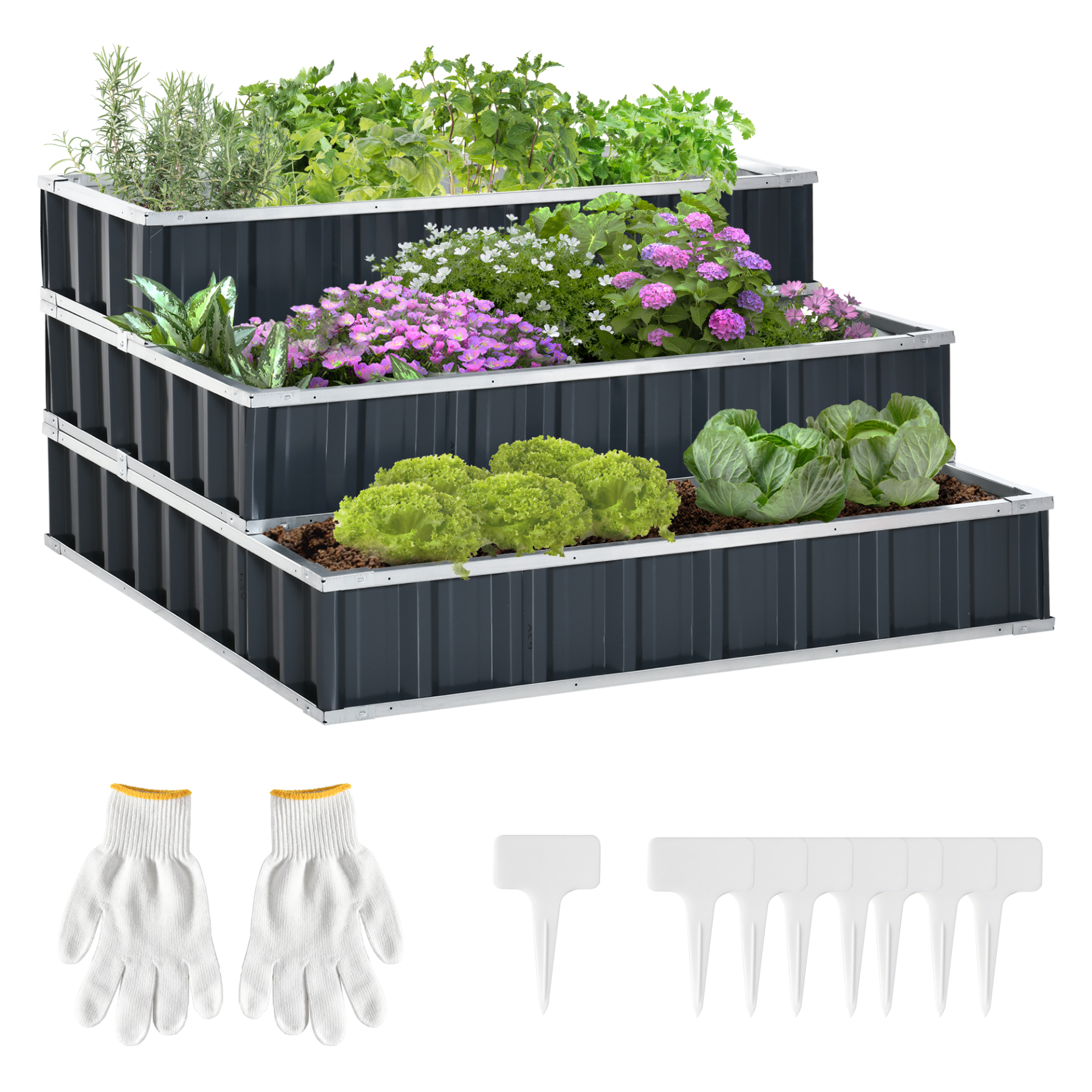 Outsunny 3 Tier Raised Garden Bed, 118cm x 118cm x 62cm, 602L Metal Planter Box Kit with Gloves, Grey - Perfect for Growing Vegetables, Herbs, and Flowers in Your Backyard or Patio MyLibelula