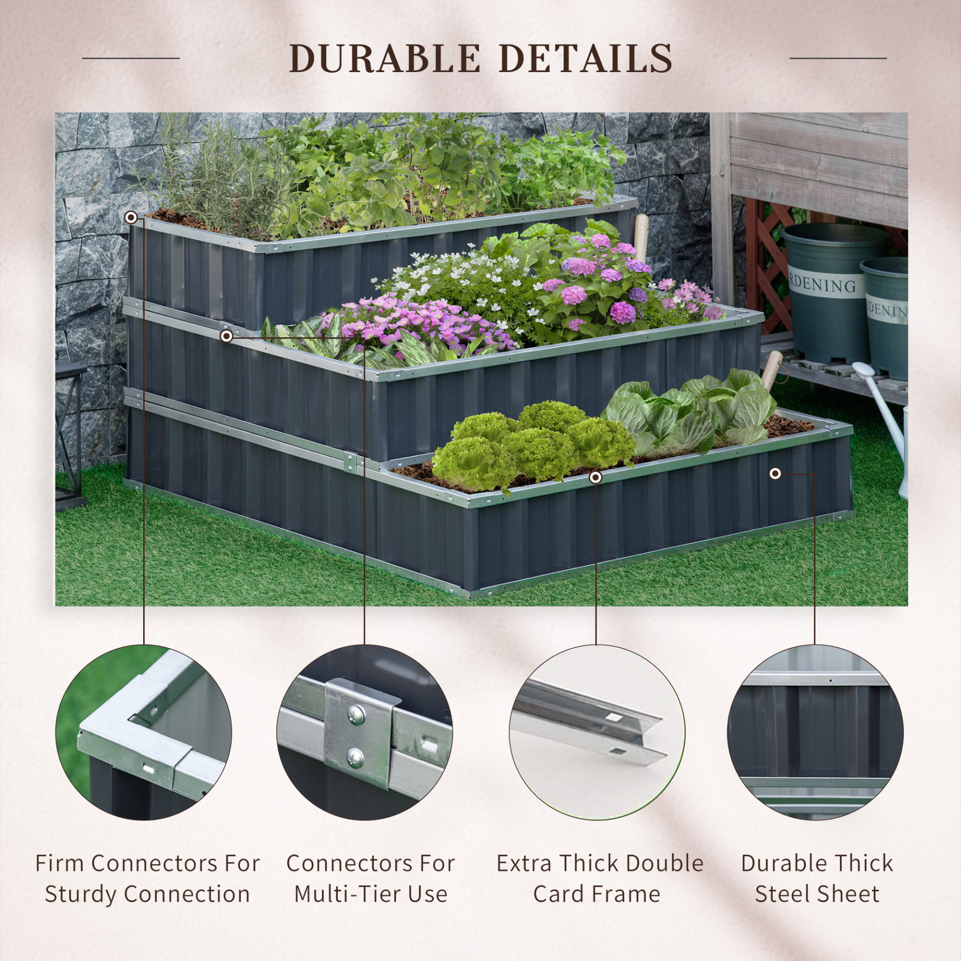 Outsunny 3 Tier Raised Garden Bed, 118cm x 118cm x 62cm, 602L Metal Planter Box Kit with Gloves, Grey - Perfect for Growing Vegetables, Herbs, and Flowers in Your Backyard or Patio MyLibelula