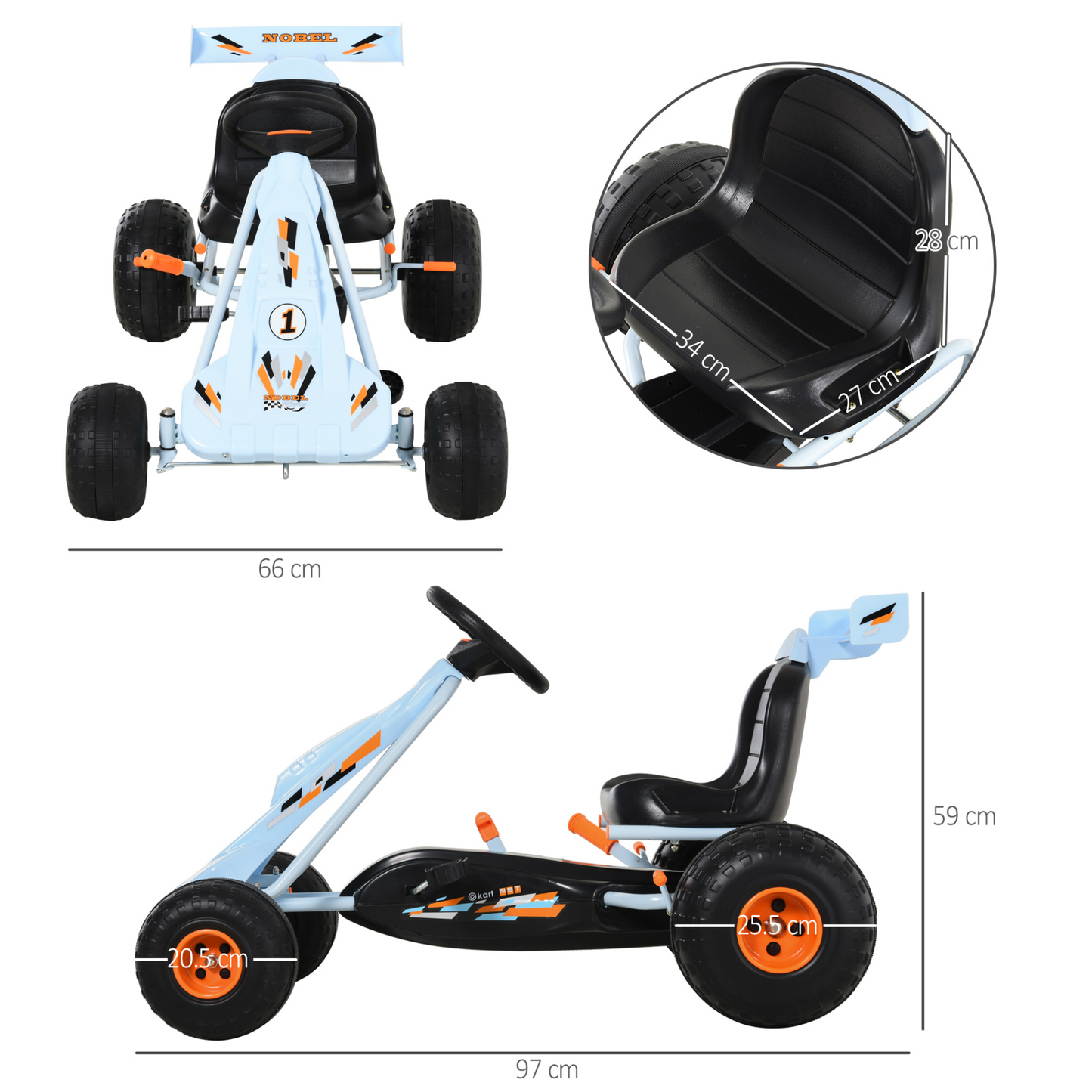 HOMCOM Kids Pedal Go Kart - Adjustable Seat, Brake Gears & Steering Wheel - 97 x 66 x 59 cm, Outdoor Fun Ride On Car MyLibelula