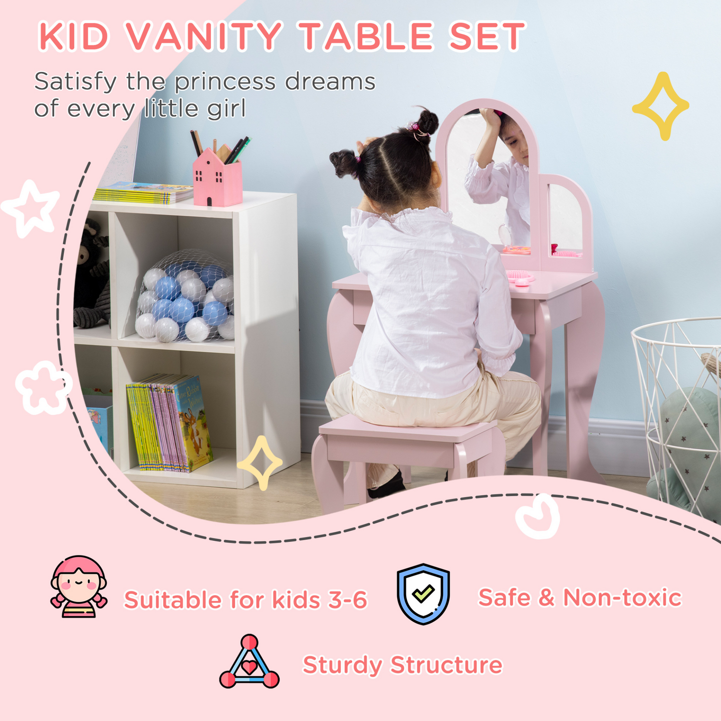 HOMCOM Kids Dressing Table Set - Pink Vanity with Mirror & Stool for Ages 3-6 MyLibelula