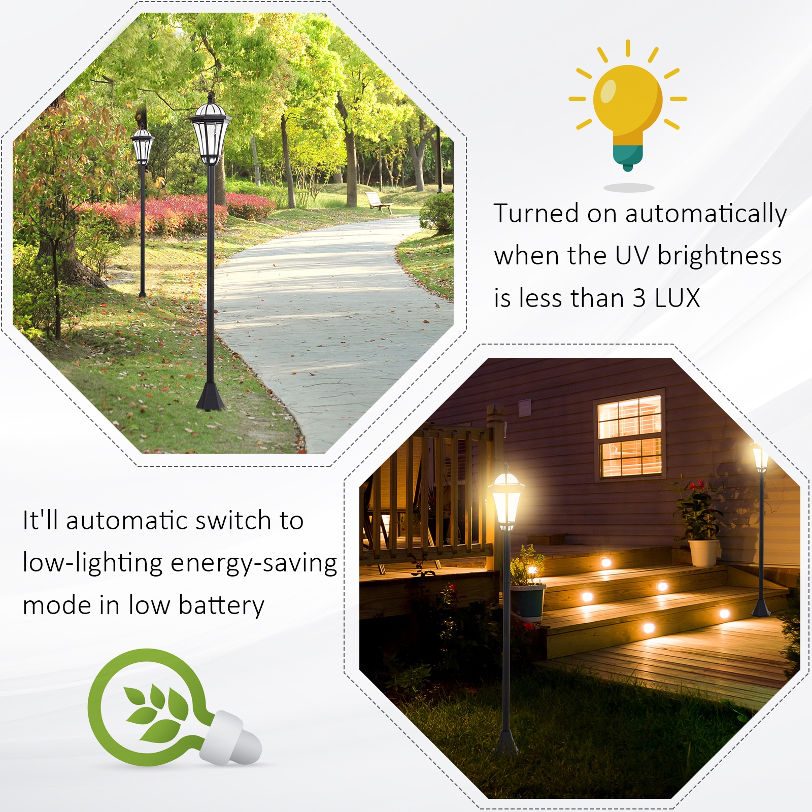 Outsunny 2 PCS LED Garden Lights Lamp Post Solar Powered Lantern Patio Pathway Walkway Outdoor Water-Resist Auto Switch 6-8 Hours Black MyLibelula