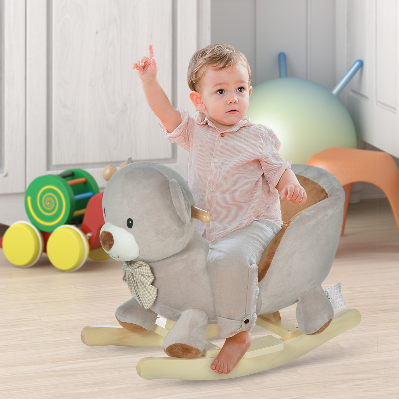 HOMCOM Kids Rocking Horse Bear Seat with Sound & Safety Belt, Plush Grey Ride-On Toy MyLibelula