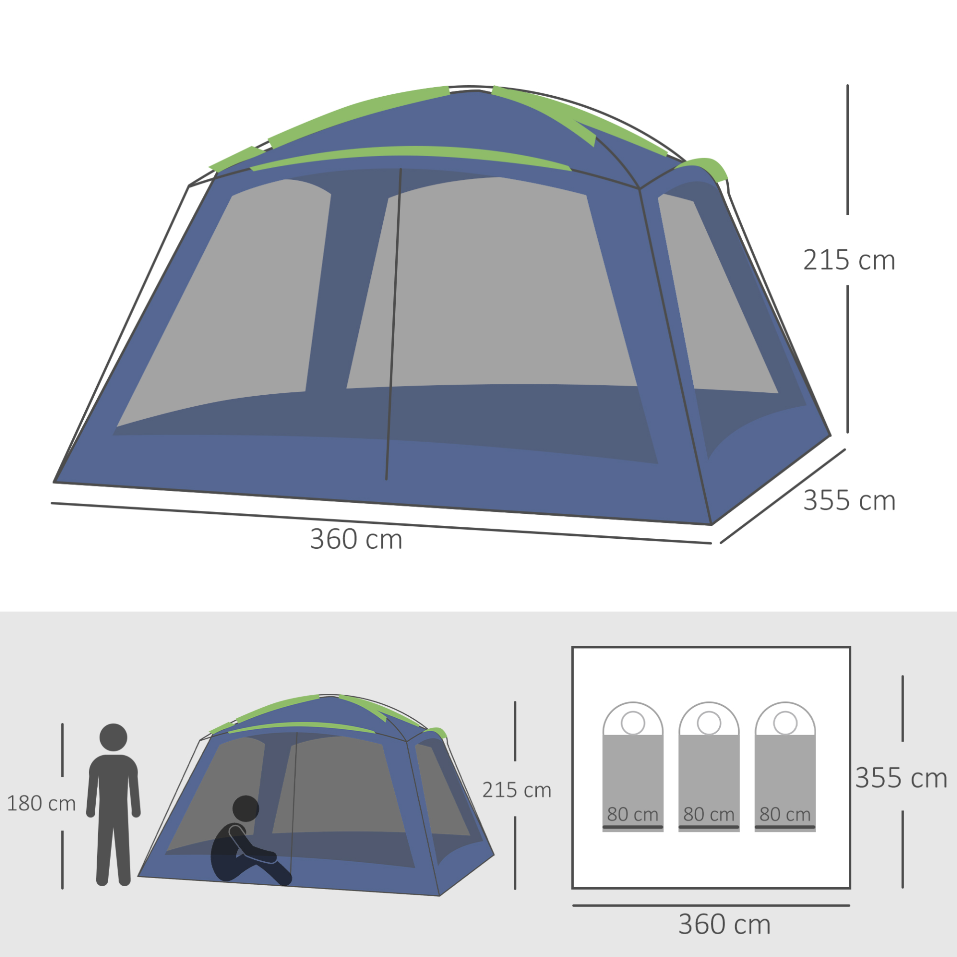 Outsunny 5-8 Person Camping Tent - Portable Dome Tent, Outdoor Screen House, Sun Shelter, 360x355x215cm - Dark Blue/Green MyLibelula