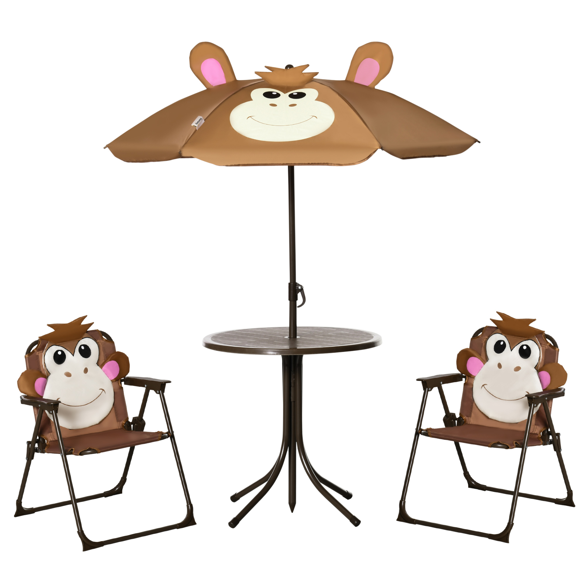 Outsunny Kids Bistro Table and Chair Set with Monkey Design and Adjustable Sun Umbrella, Ideal Outdoor Folding Garden Furniture for Children Ages 3-6 - Brown MyLibelula