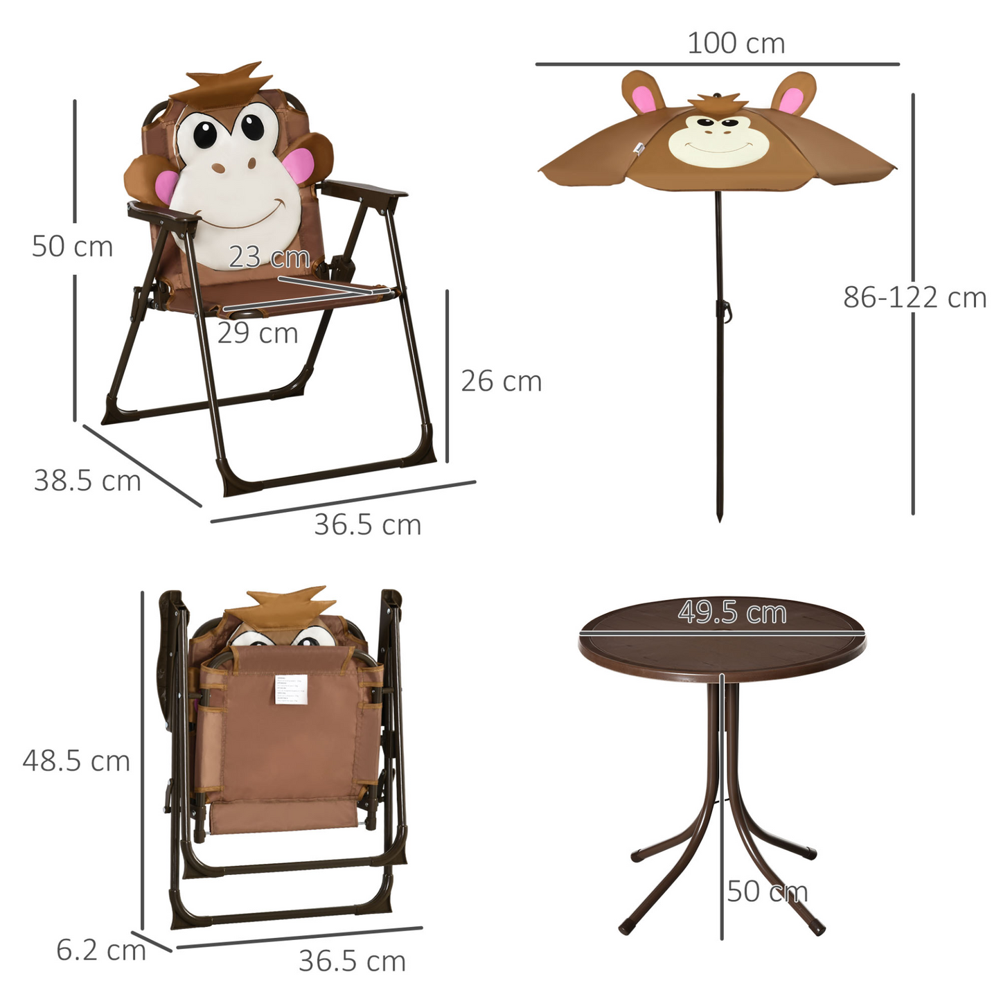 Outsunny Kids Bistro Table and Chair Set with Monkey Design and Adjustable Sun Umbrella, Ideal Outdoor Folding Garden Furniture for Children Ages 3-6 - Brown MyLibelula