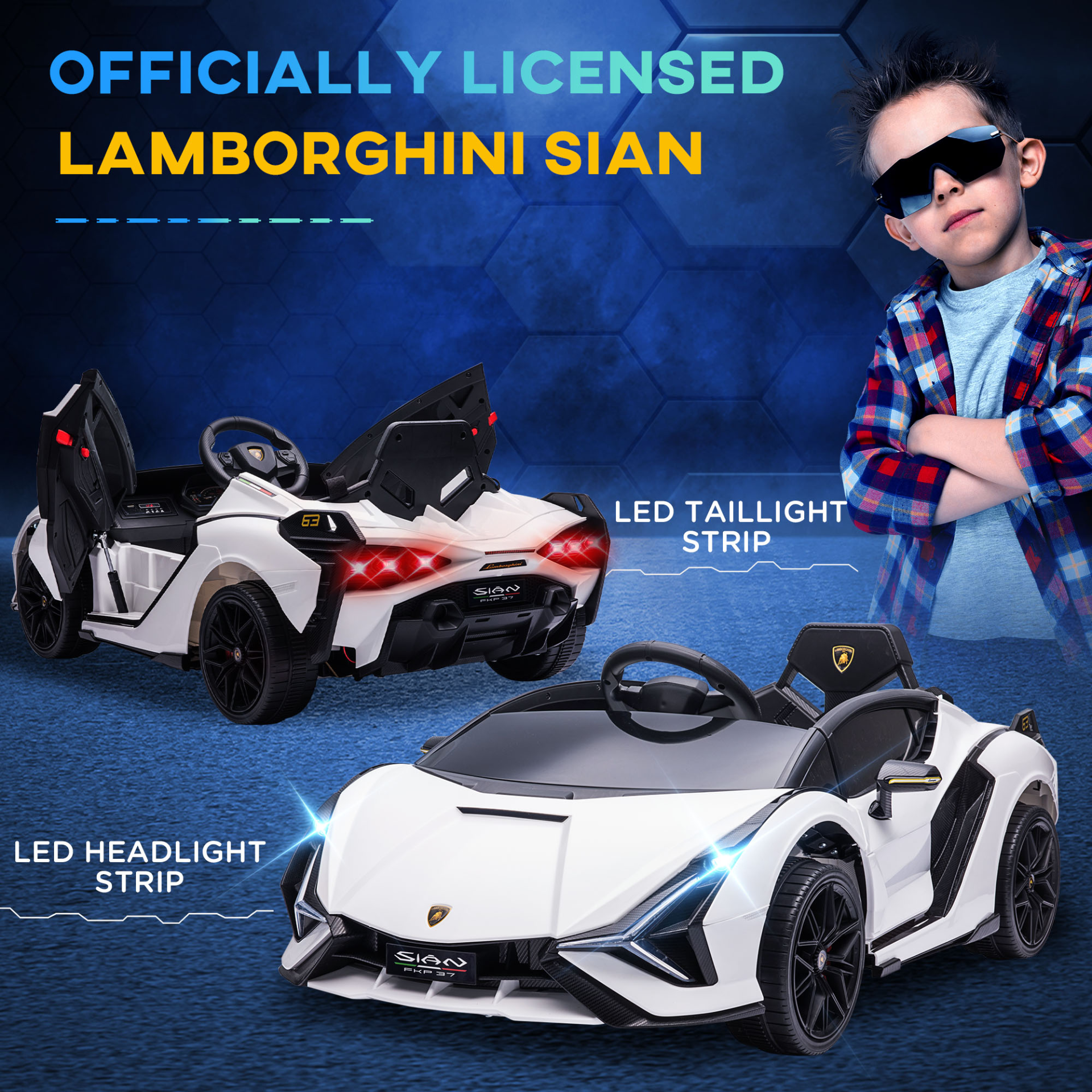 HOMCOM 12V Kids Electric Ride On Car - Licensed Lamborghini Sian Toy Car with Remote Control, Music & Lights - For Ages 3-5 - White MyLibelula