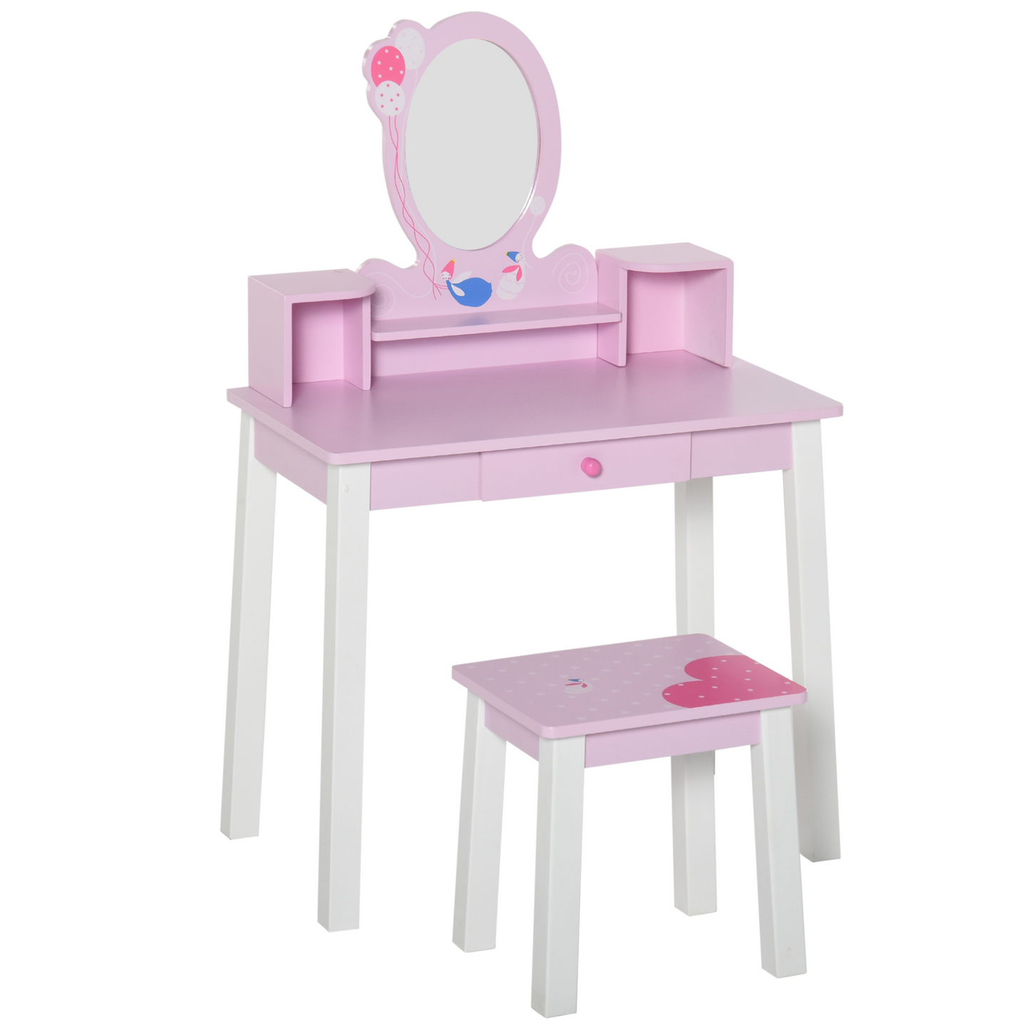 HOMCOM Kids Wooden Dressing Table and Stool Set - Pink Make Up Desk with Mirror & Storage MyLibelula