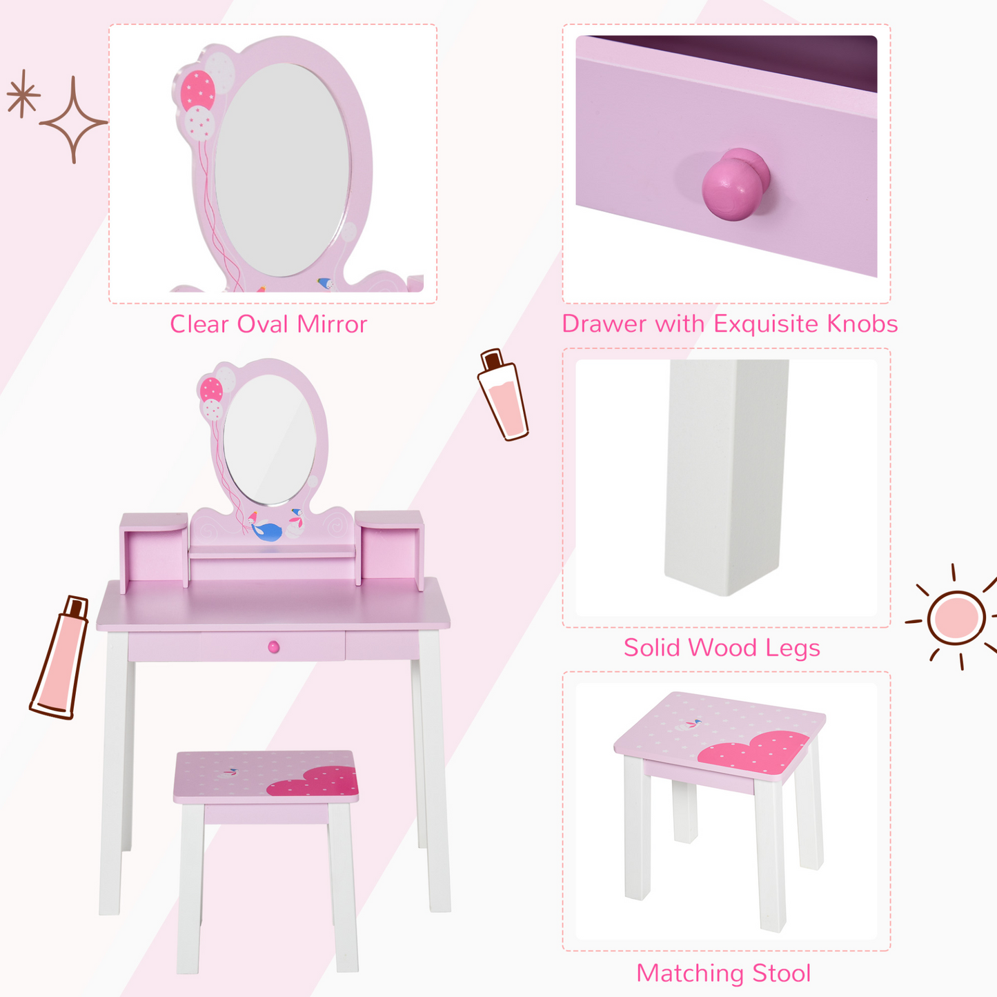 HOMCOM Kids Wooden Dressing Table and Stool Set - Pink Make Up Desk with Mirror & Storage MyLibelula