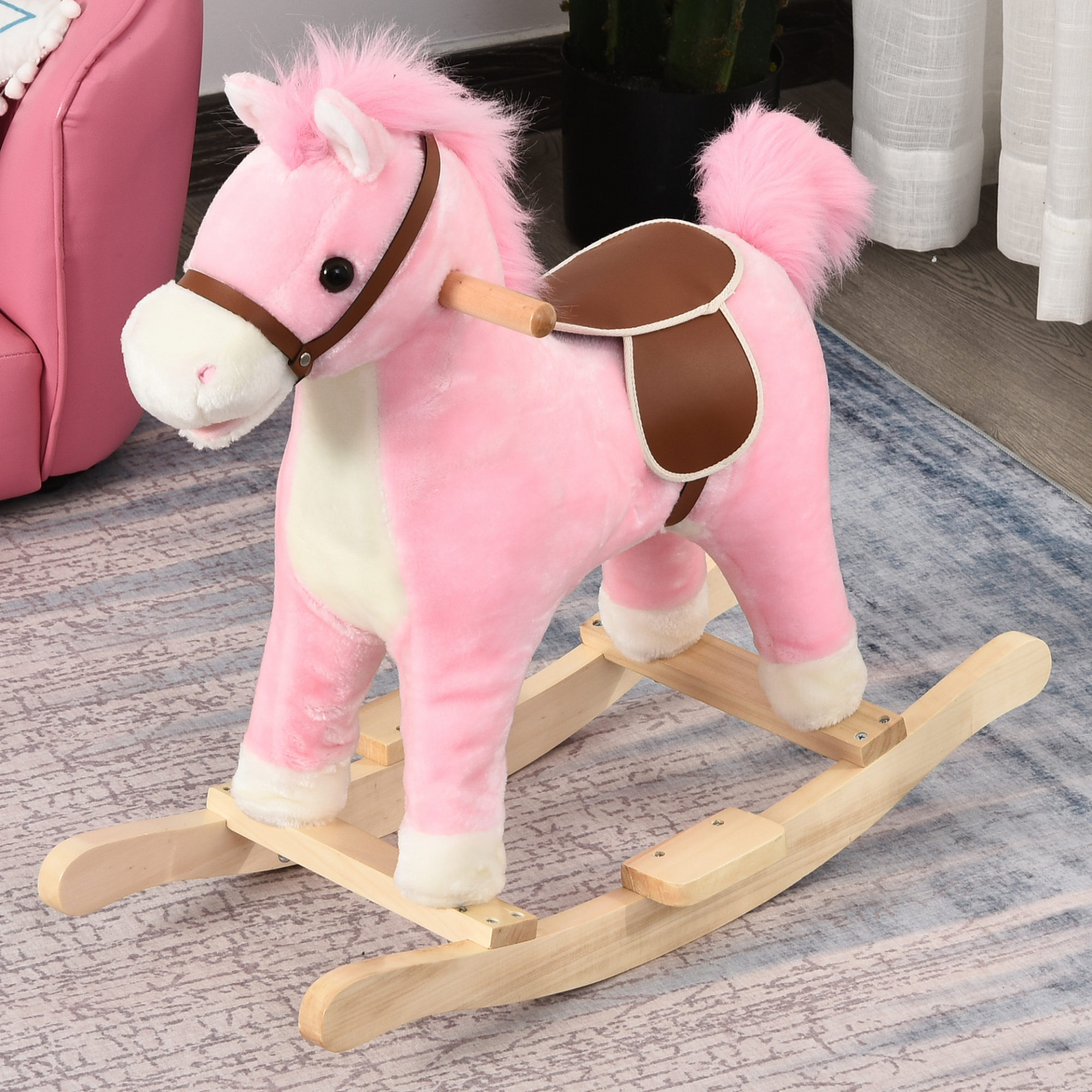 HOMCOM Kids Plush Rocking Horse with Sound, Moving Mouth & Wagging Tail - Pink Ride On Toy for Ages 36-72 Months MyLibelula