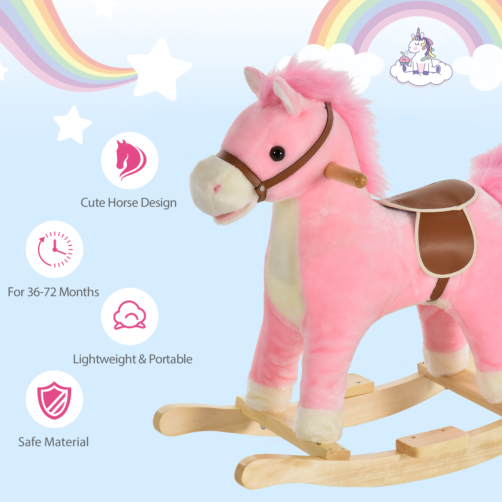 HOMCOM Kids Plush Rocking Horse with Sound, Moving Mouth & Wagging Tail - Pink Ride On Toy for Ages 36-72 Months MyLibelula