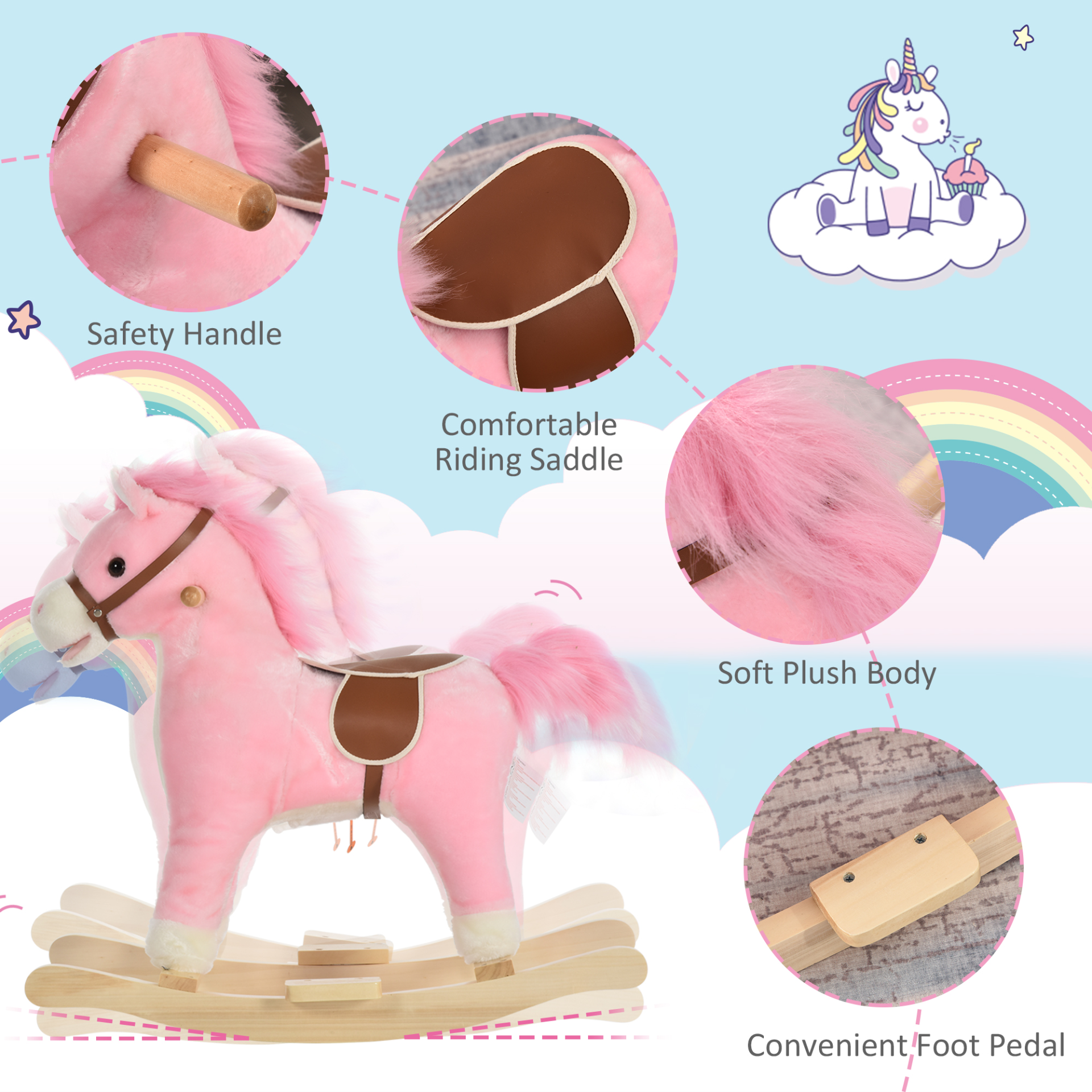 HOMCOM Kids Plush Rocking Horse with Sound, Moving Mouth & Wagging Tail - Pink Ride On Toy for Ages 36-72 Months MyLibelula