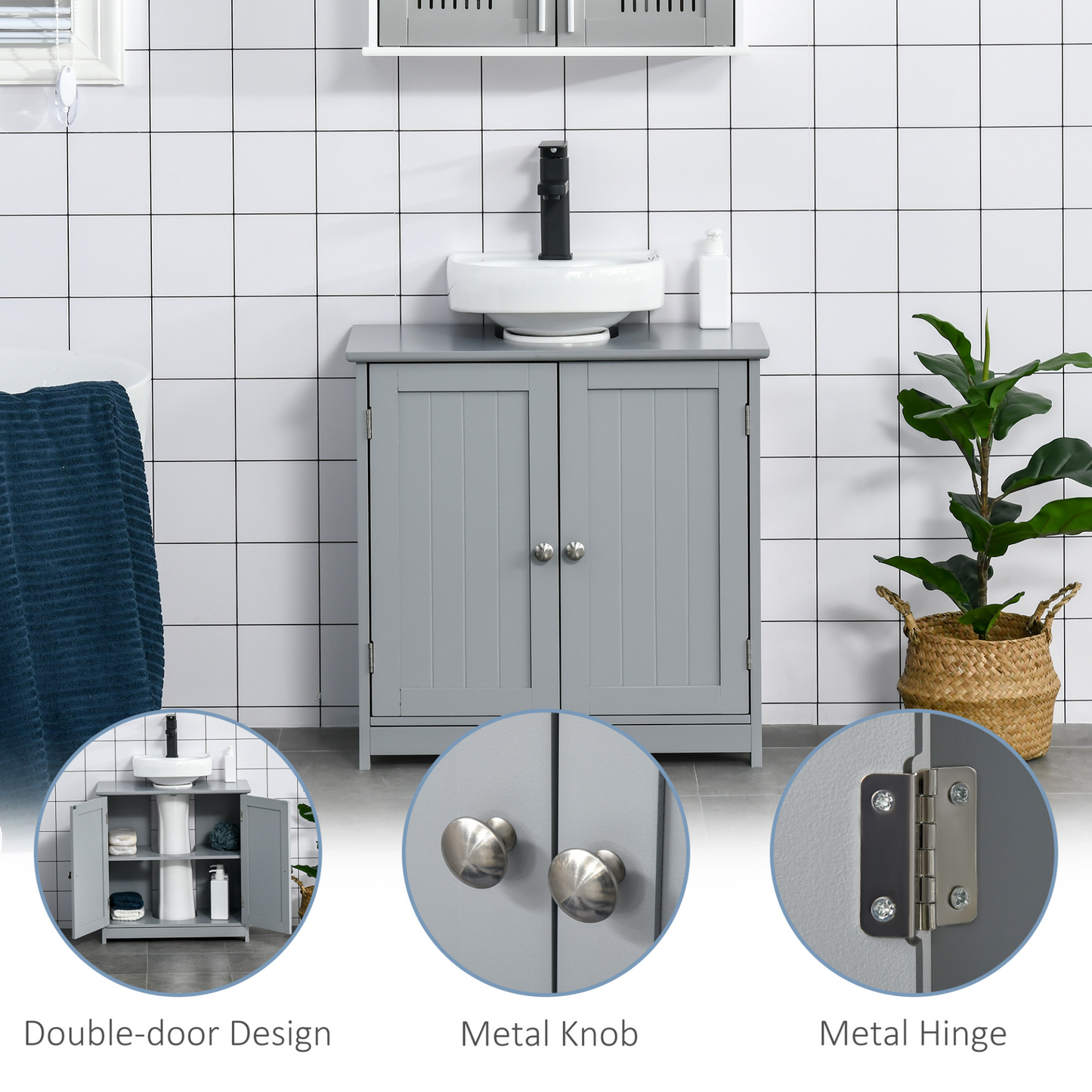 kleankin 60x60cm Under-Sink Storage Cabinet with Adjustable Shelf - Grey Bathroom Space Saver Organizer MyLibelula