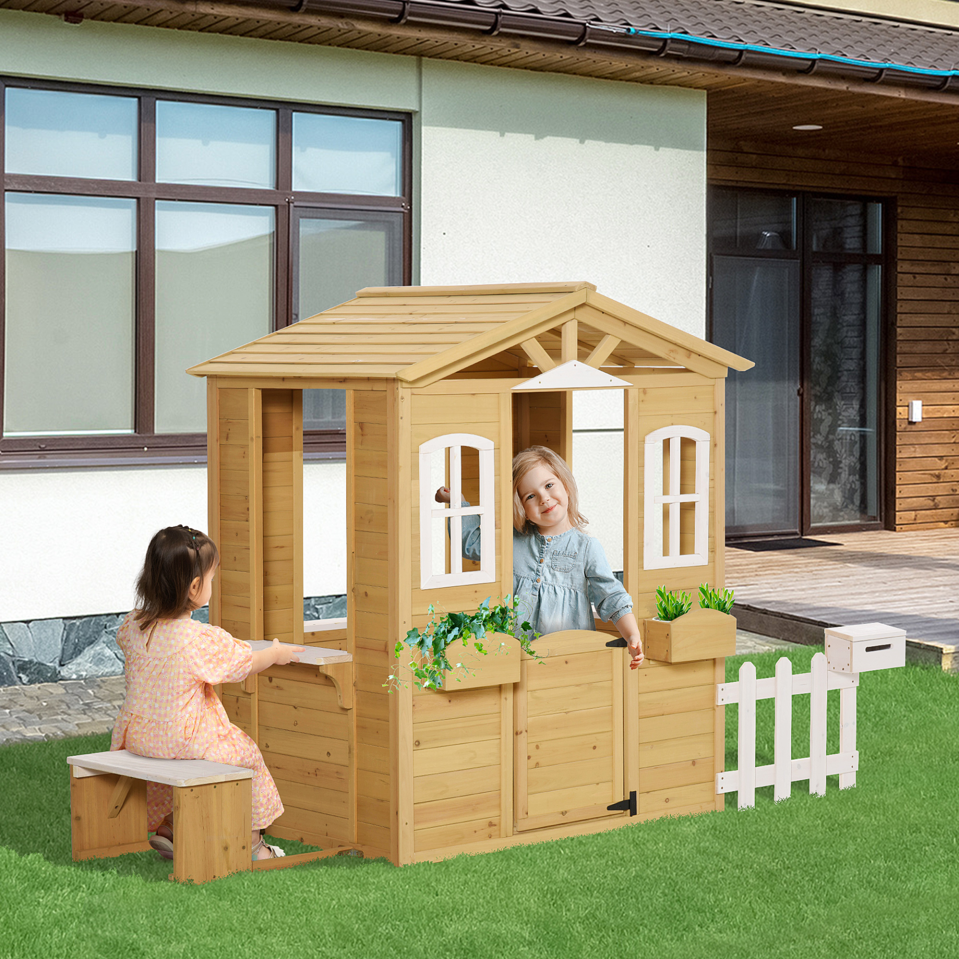 Outsunny Wooden Outdoor Playhouse with Door, Windows, Mailbox, Flower Pot Holders, Serving Station & Bench for Kids - Natural MyLibelula